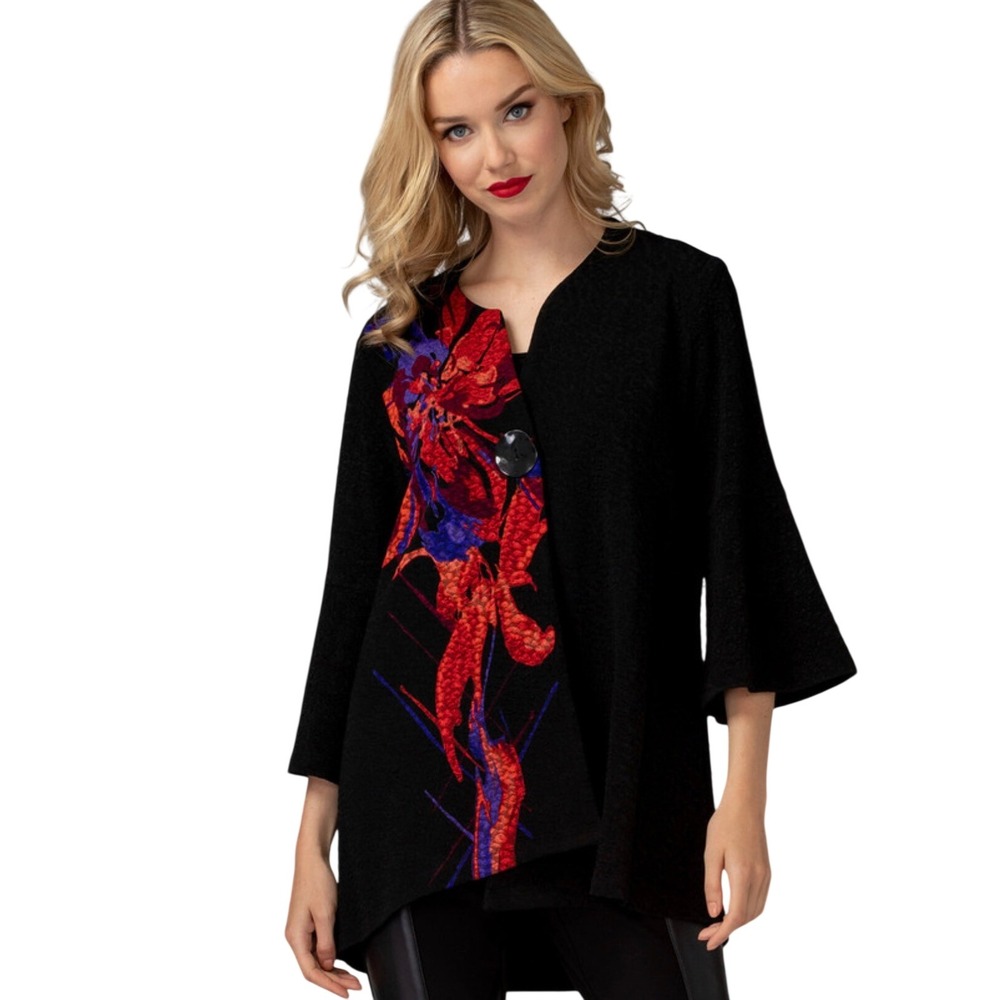 Joseph Ribkoff Asymmetrical Floral Textured Jacket Bell Sleeve 193443 Size 22